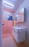 sink, wall, indoor, plumbing fixture, tap, countertop, shower, bathtub, bathroom accessory, cabinetry, home appliance